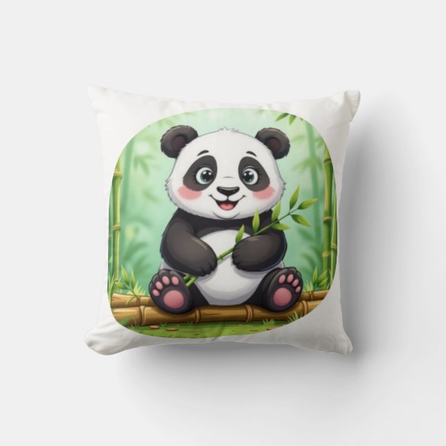 Schattige Cartoonpanda op Bamboevlek Kussen (Voorkant)