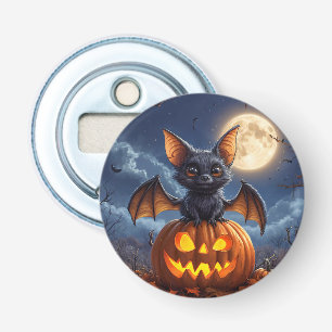 Schattige Cartoonvleermuis op Jack-o'-Lantern Button Flesopener