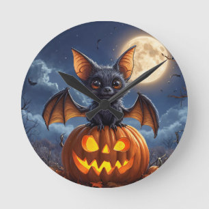 Schattige Cartoonvleermuis op Jack-o'-Lantern Ronde Klok