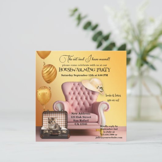 Schattige Cat Boho Chic Housewarming Party Kaart (Staand voorkant)