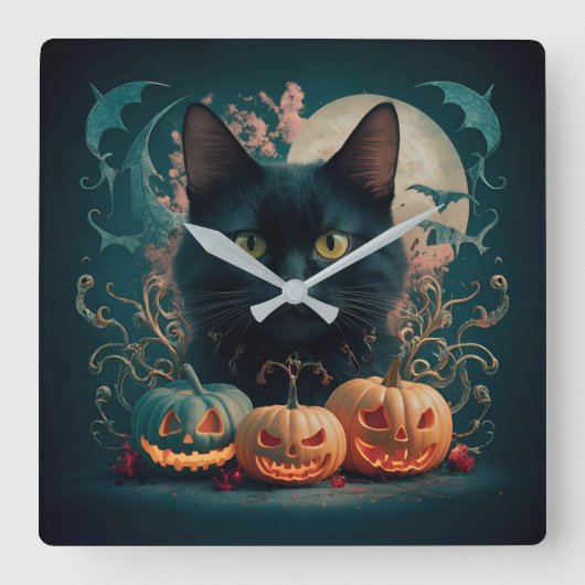 Schattige Cat Day Halloween Celebration ontwerp. Vierkante Klok (Voorkant)