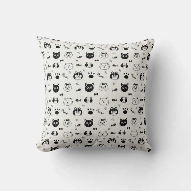 Schattige Cat Doodle Pattern – Zwart-wit Cat Face Kussen (Voorkant)