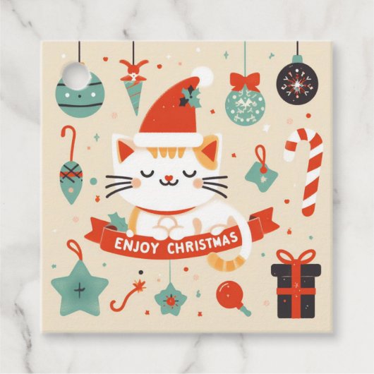 Schattige Cat Enjoy Christmas seizoen Bedankjes Labels (Voorkant)