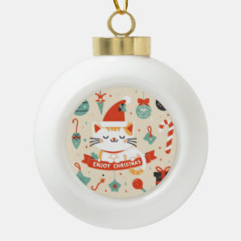 Schattige Cat Enjoy Christmas seizoen Keramische Bal Ornament