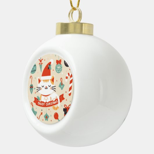 Schattige Cat Enjoy Christmas seizoen Keramische Bal Ornament (Rechts)