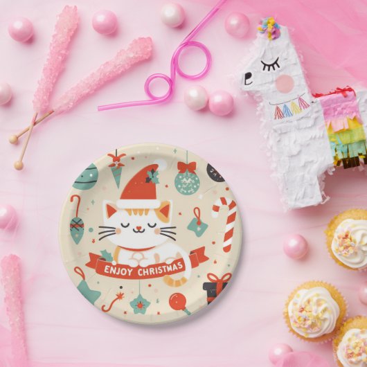 Schattige Cat Enjoy Christmas seizoen Papieren Bordje (Feest)