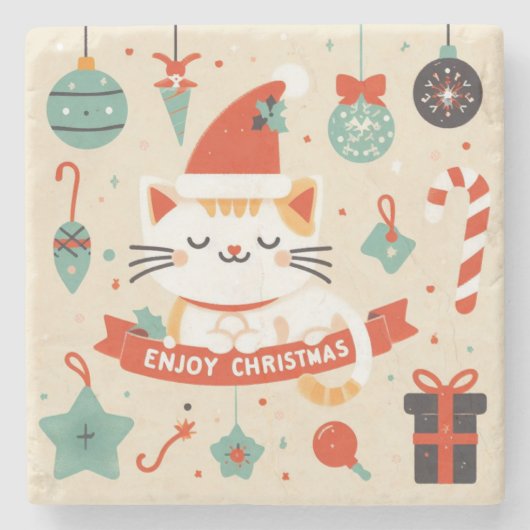 Schattige Cat Enjoy Christmas seizoen Stenen Onderzetter (Voorkant)