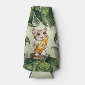 Schattige Cat Holding Bier Oerwoud bladeren Cartoo Flesjeskoeler (Voorkant)