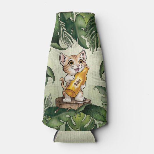 Schattige Cat Holding Bier Oerwoud bladeren Cartoo Flesjeskoeler (Voorkant)