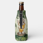 Schattige Cat Holding Bier Oerwoud bladeren Cartoo Flesjeskoeler (Fles Achterkant)
