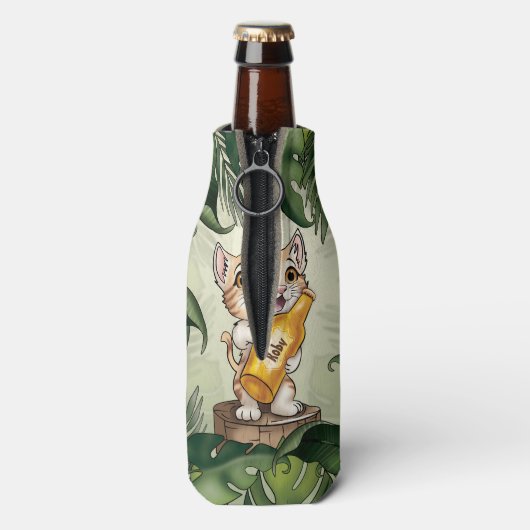 Schattige Cat Holding Bier Oerwoud bladeren Cartoo Flesjeskoeler (Fles Achterkant)