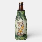 Schattige Cat Holding Bier Oerwoud bladeren Cartoo Flesjeskoeler (Fles Voorkant)
