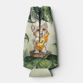 Schattige Cat Holding Bier Oerwoud bladeren Cartoo Flesjeskoeler (Achterkant)
