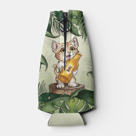 Schattige Cat Holding Bier Oerwoud bladeren Cartoo Flesjeskoeler (Achterkant)