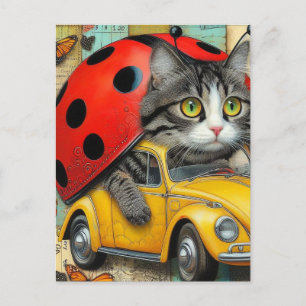 Schattige Cat Ladybug Hybrid Rijden van een auto C Briefkaart