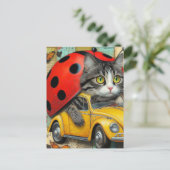 Schattige Cat Ladybug Hybrid Rijden van een auto C Briefkaart (Staand voorkant)