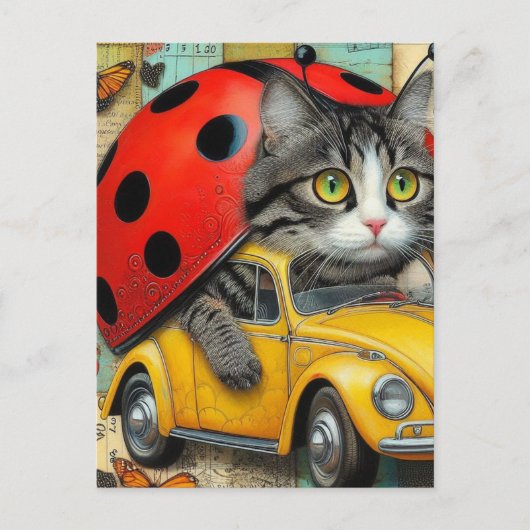 Schattige Cat Ladybug Hybrid Rijden van een auto C Briefkaart (Voorkant)