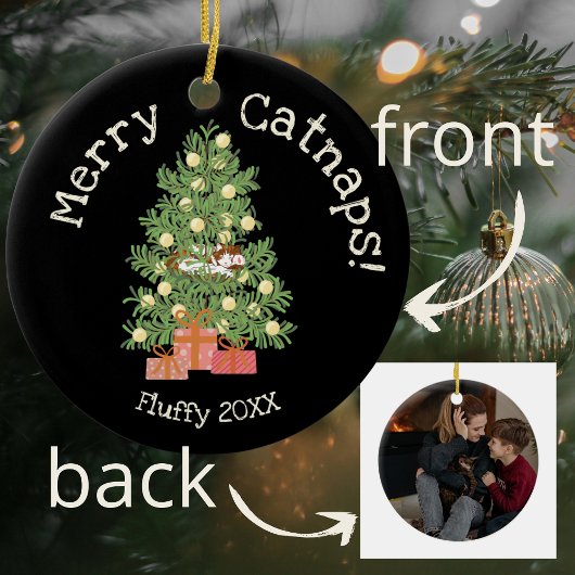 Schattige Cat on Christmas Tree Merry Catnaps! Bla Keramisch Ornament