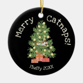 Schattige Cat on Christmas Tree Merry Catnaps! Bla Keramisch Ornament (Voorkant)