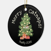Schattige Cat on Christmas Tree Merry Catnaps! Bla Keramisch Ornament (Links)