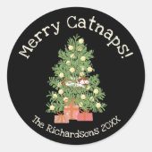 Schattige Cat on Christmas Tree Merry Catnaps! Bla Ronde Sticker (Voorkant)