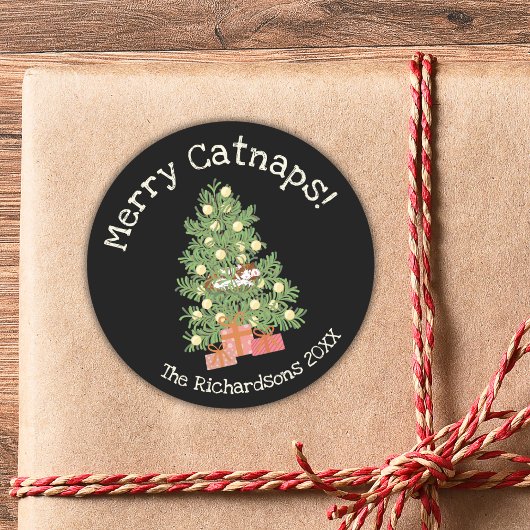 Schattige Cat on Christmas Tree Merry Catnaps! Bla Ronde Sticker