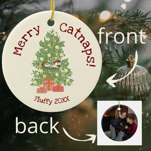 Schattige Cat on Christmas Tree Merry Catnaps! Keramisch Ornament