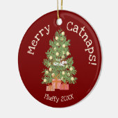 Schattige Cat on Christmas Tree Merry Catnaps! Red Keramisch Ornament (Links)