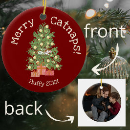 Schattige Cat on Christmas Tree Merry Catnaps! Red Keramisch Ornament