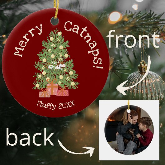 Schattige Cat on Christmas Tree Merry Catnaps! Red Keramisch Ornament