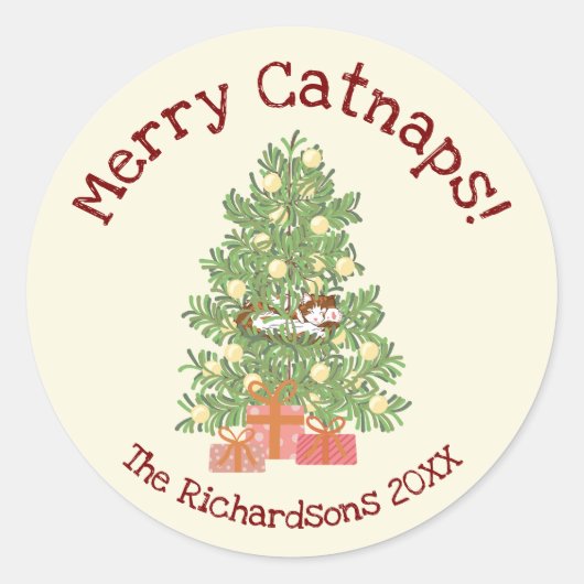 Schattige Cat on Christmas Tree Merry Catnaps! Ronde Sticker (Voorkant)
