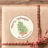 Schattige Cat on Christmas Tree Merry Catnaps! Ronde Sticker