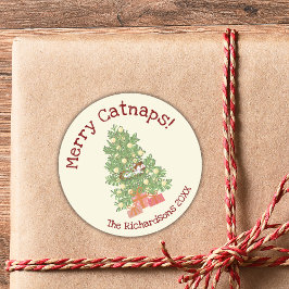 Schattige Cat on Christmas Tree Merry Catnaps! Ronde Sticker