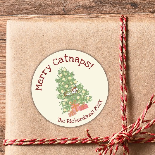 Schattige Cat on Christmas Tree Merry Catnaps! Ronde Sticker