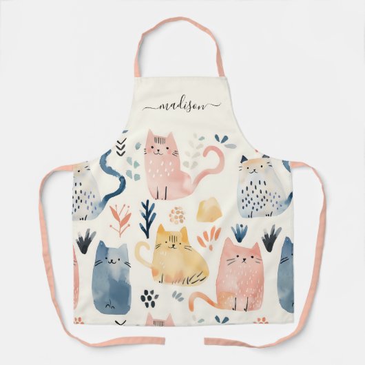 Schattige cat pattern script naam schort (Voorkant)