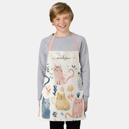 Schattige cat pattern script naam schort (Gedragen)