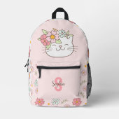 Schattige Cat Pink Floral Meisje Naam Monogram Kin Bedrukte Rugzak (Voorkant)