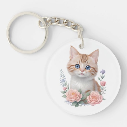 Schattige Cat Pink Floral Sleutelhanger (Voorkant)