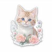 Schattige Cat Pink Floral Sticker (Voorkant)
