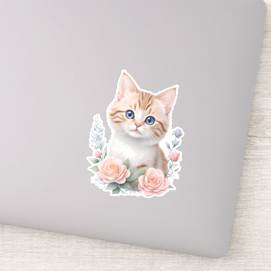 Schattige Cat Pink Floral Sticker (Detail)