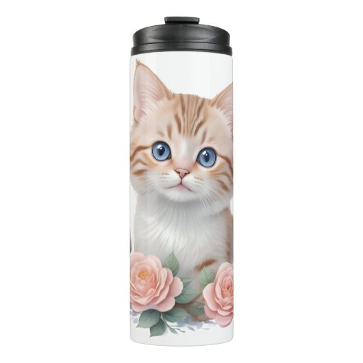 Schattige Cat Pink Floral Thermosbeker (Voorkant)