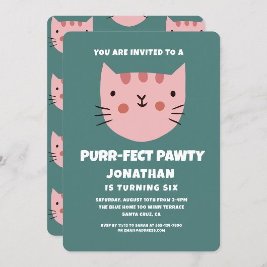 Schattige Cat Pink Purrfect Pawty Verjaardagsfeest Kaart