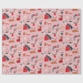 Schattige Cat Pink Retro Kerstpatroon Cadeaupapier (Vlak)