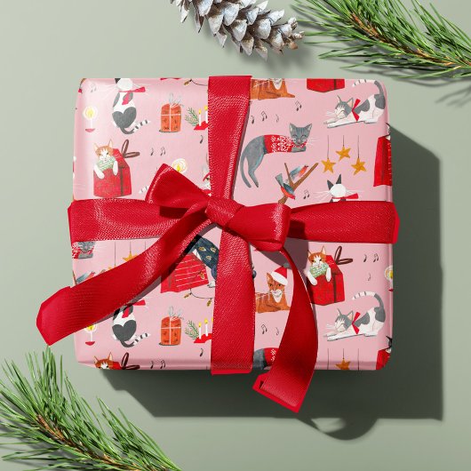 Schattige Cat Pink Retro Kerstpatroon Cadeaupapier
