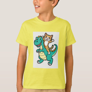 Schattige Cat Riding Smiling Dinosaur T-shirt
