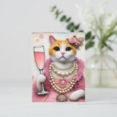 Schattige Cat Roze Jurk Met Parels Met Drink Briefkaart (Staand voorkant)