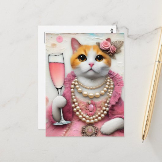 Schattige Cat Roze Jurk Met Parels Met Drink Briefkaart (Voorkant / Achterkant in situ)