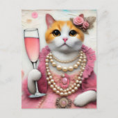 Schattige Cat Roze Jurk Met Parels Met Drink Briefkaart (Voorkant)