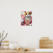 Schattige Cat Roze Jurk Met Parels Met Drink Poster (Keuken)