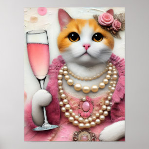 Schattige Cat Roze Jurk Met Parels Met Drink Poster